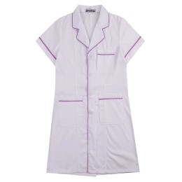 Manufacture Women's Short Sleeve Purple Edge Doctor Gown Fashion Design Lab White Coat Doctor Gown Garment Factory SKU037 Manufacture Women's Short Sleeve Purple Edge Doctor Gown Fashion Design Lab White Coat Doctor Gown Garment Factory SKU037